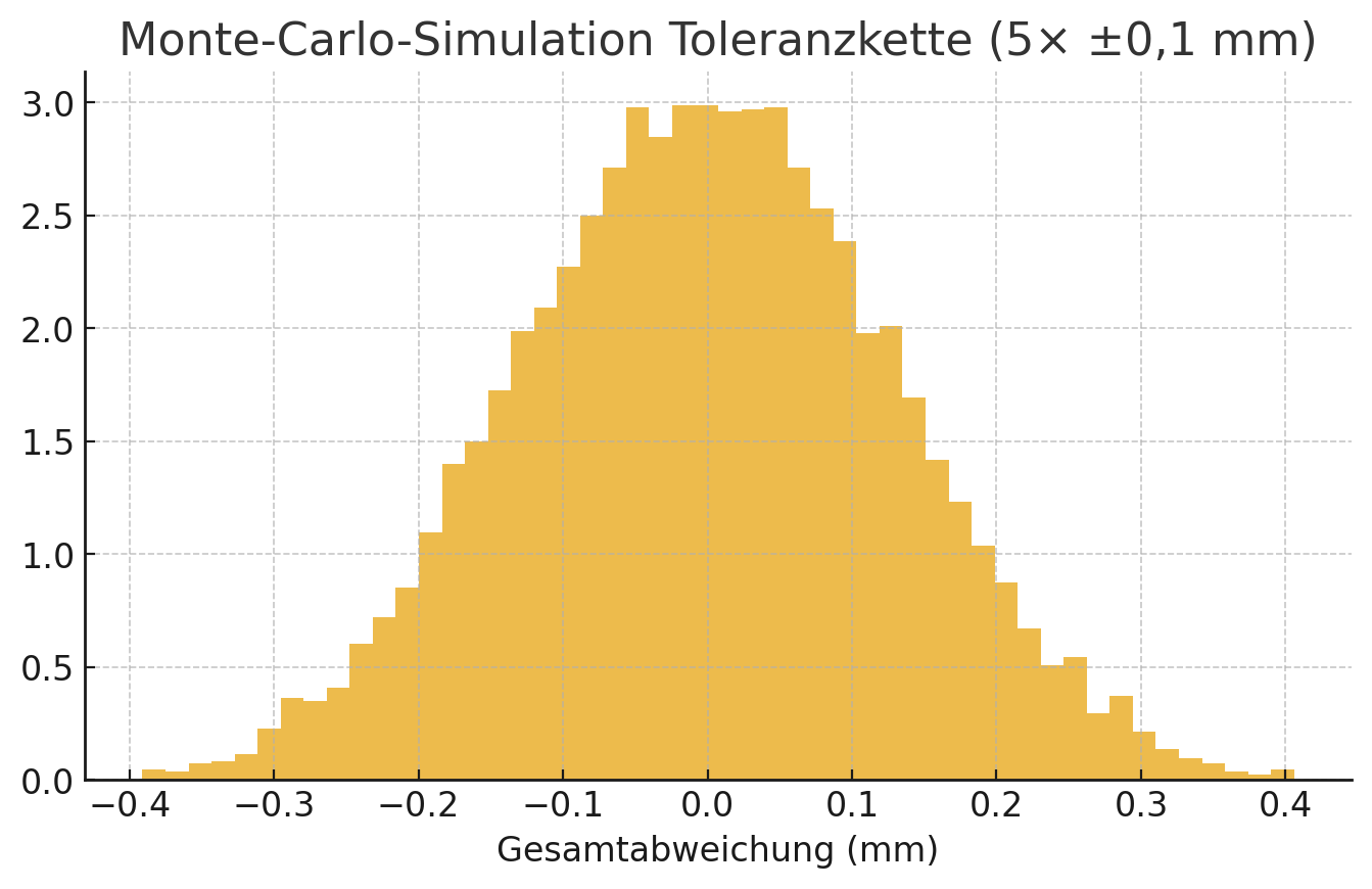 Histogramm: Monte-Carlo-Simulation einer Toleranzkette (5 Maße ±0,1 mm)