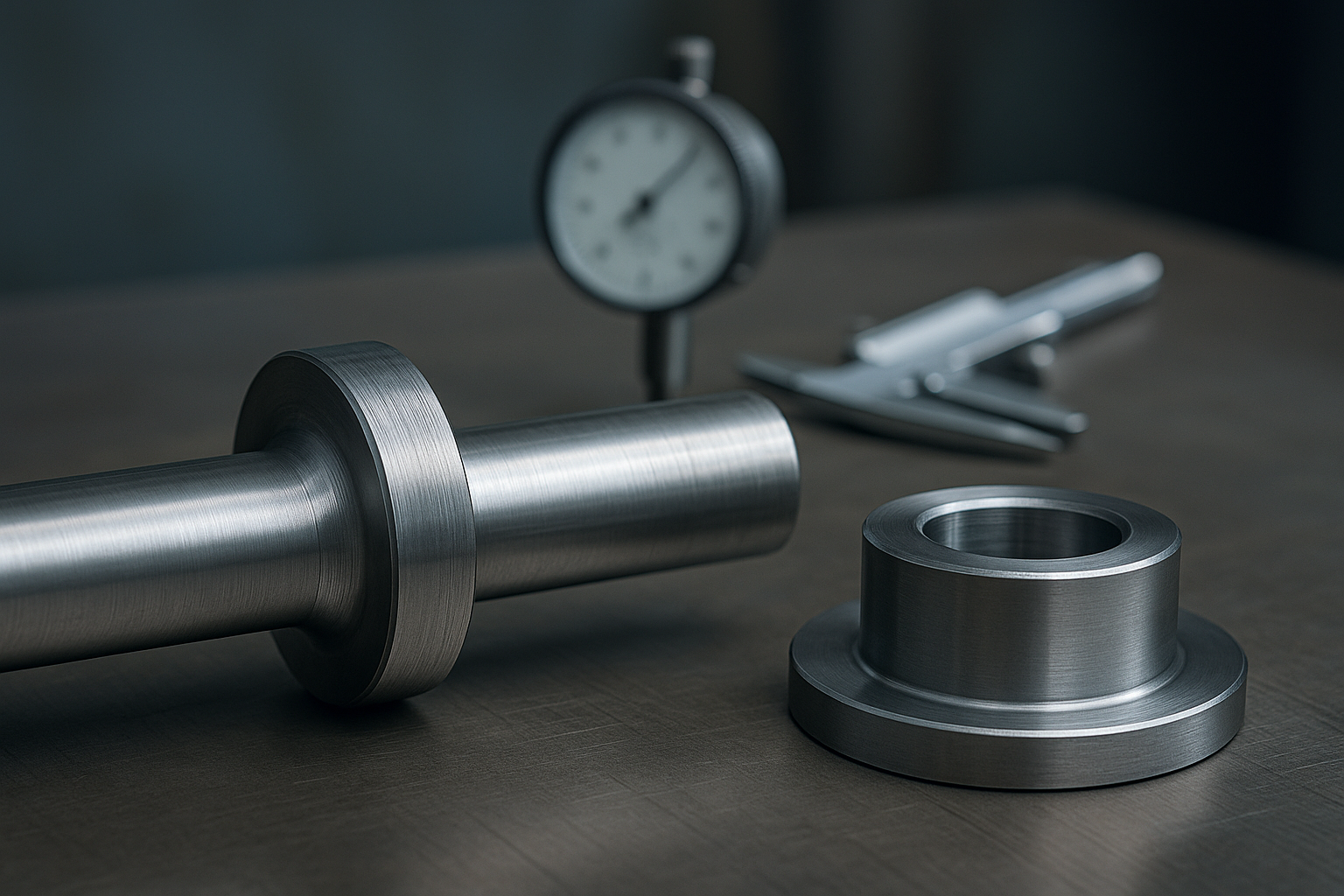 Welle mit sauberem Schulterradius und Nabe, Messuhr/Schieblehre im Hintergrund