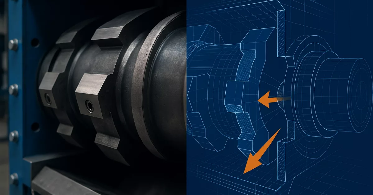 Industrie-Zerkleinerer mit sichtbarem Rotor links und digitaler CAD-Schnittdarstellung rechts, ergänzt durch Kraftvektoren und technische Overlays.