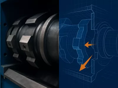 Industrie-Zerkleinerer mit sichtbarem Rotor links und digitaler CAD-Schnittdarstellung rechts, ergänzt durch Kraftvektoren und technische Overlays.