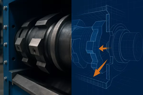 Industrie-Zerkleinerer mit sichtbarem Rotor links und digitaler CAD-Schnittdarstellung rechts, ergänzt durch Kraftvektoren und technische Overlays.
