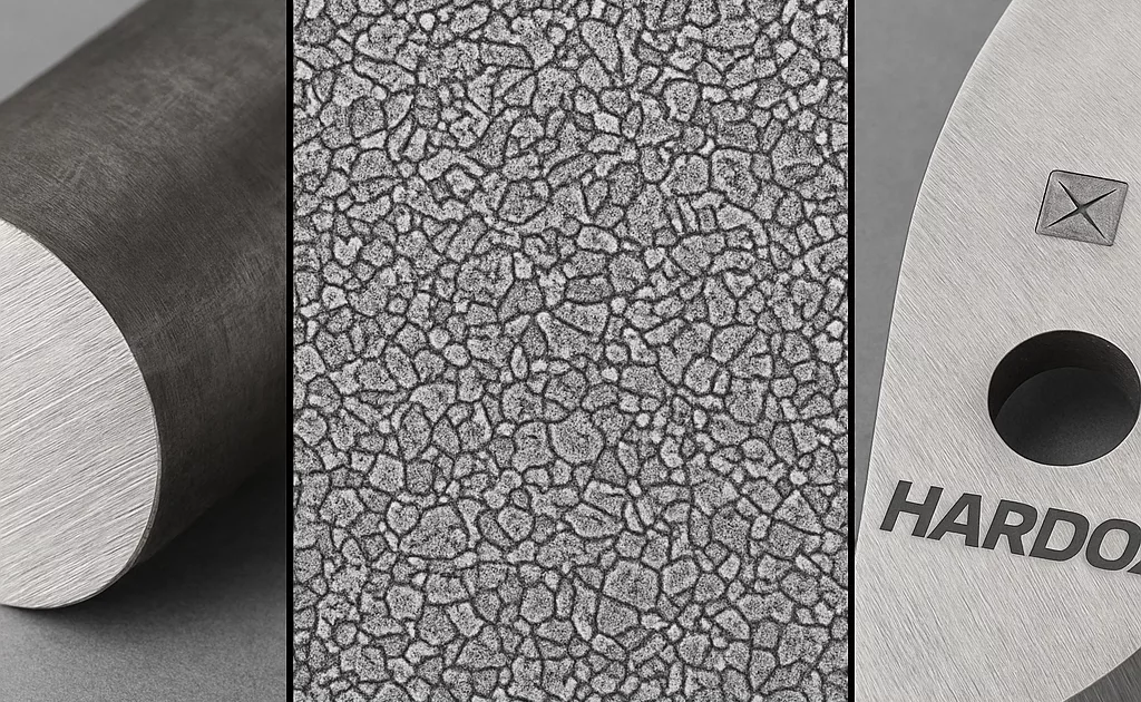 Werkstoffvergleich Zerkleinerungstechnik: 42CrMo4 Rundstahl links, gehärtetes Hardox 500 Shredder-Messer rechts, mit Gefügestruktur-Detail in der Mitte