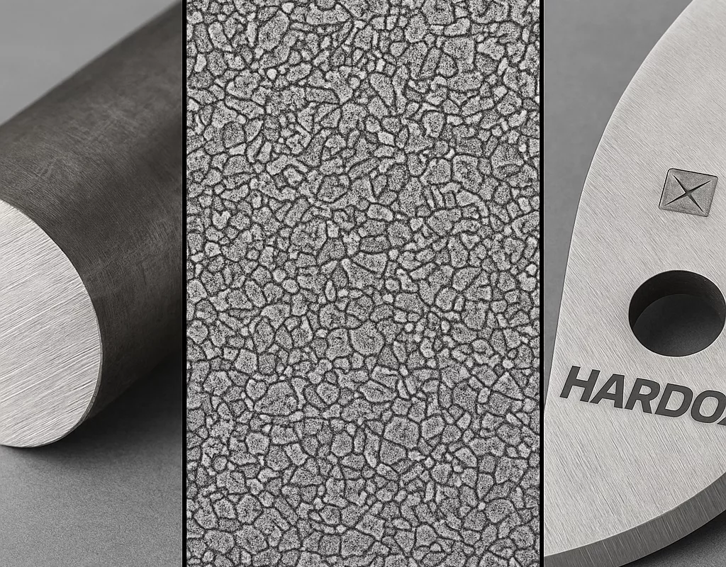 Werkstoffvergleich Zerkleinerungstechnik: 42CrMo4 Rundstahl links, gehärtetes Hardox 500 Shredder-Messer rechts, mit Gefügestruktur-Detail in der Mitte