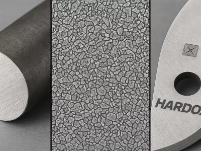 Werkstoffvergleich Zerkleinerungstechnik: 42CrMo4 Rundstahl links, gehärtetes Hardox 500 Shredder-Messer rechts, mit Gefügestruktur-Detail in der Mitte