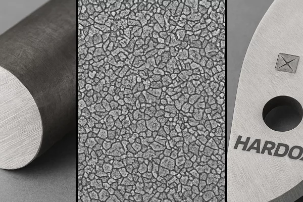 Werkstoffvergleich Zerkleinerungstechnik: 42CrMo4 Rundstahl links, gehärtetes Hardox 500 Shredder-Messer rechts, mit Gefügestruktur-Detail in der Mitte