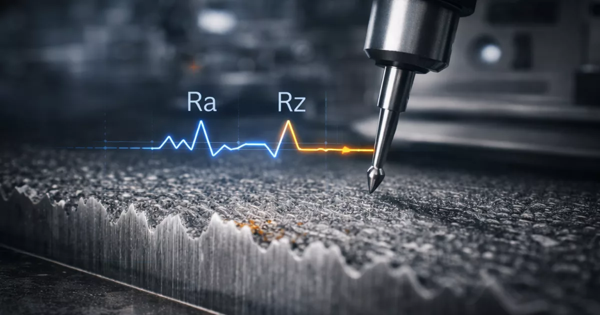 Tastschnittmessung der Oberflächenrauheit mit Diamantmessspitze auf einer Stahloberfläche, mit visualisiertem Rauheitsprofil und Kennzeichnung der Parameter Ra und Rz nach DIN EN ISO 4287.