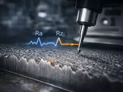 Tastschnittmessung der Oberflächenrauheit mit Diamantmessspitze auf einer Stahloberfläche, mit visualisiertem Rauheitsprofil und Kennzeichnung der Parameter Ra und Rz nach DIN EN ISO 4287.