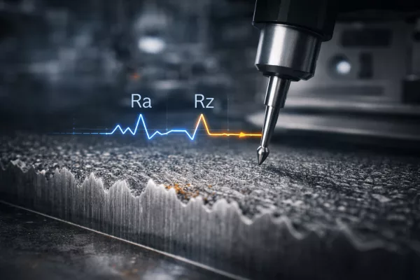 Tastschnittmessung der Oberflächenrauheit mit Diamantmessspitze auf einer Stahloberfläche, mit visualisiertem Rauheitsprofil und Kennzeichnung der Parameter Ra und Rz nach DIN EN ISO 4287.